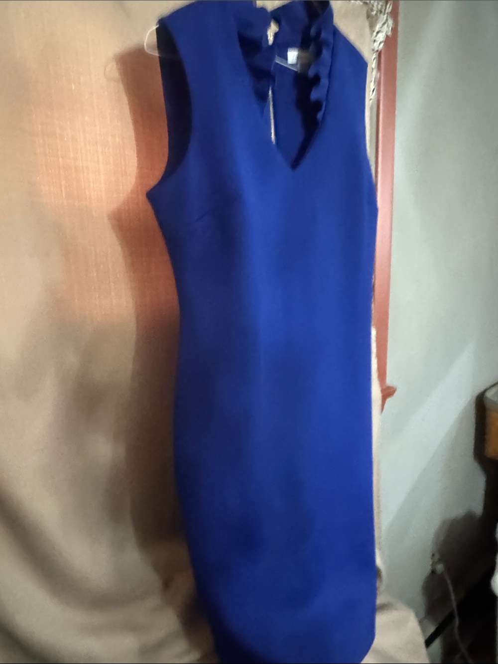 Calvin Klein Sleeveless Cobalt Blue Sheath Dress with Neck Ruffle S-16